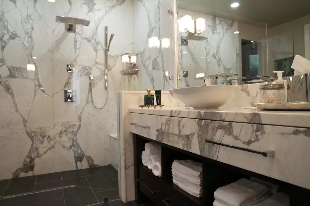 bathroom marble counter and shower